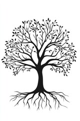 Tree with simple roots as a graphic in black on a white background.