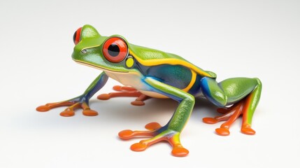 Obraz premium A green and yellow frog with red eyes sitting on a white surface, AI