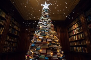A Christmas tree made of books is lit up with lights. Christmas background