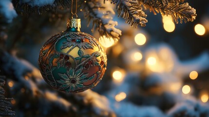Obraz premium A Christmas ornament hanging from a tree branch. Christmas background