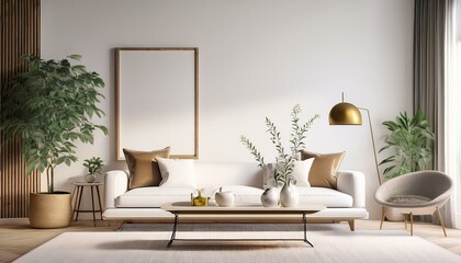 Home mockup, white luxury minimalist living room interior, 3d render
