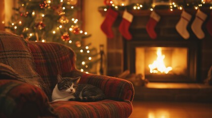 A cat is laying on a red and white plaid chair in front of a Christmas tree. Christmas background