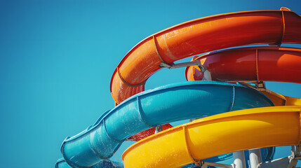 Multicoloured giant water slide at a public swimming pool, copy space