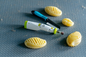 close-up In the grooming salon on  silver table there are professional accessories for caring for...