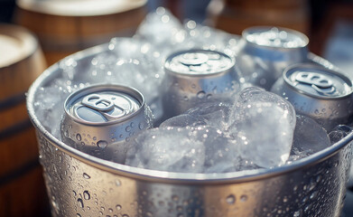 Metallic cans chilling in ice inside a bucket.