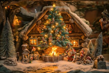 Fototapeta premium A small house with a Christmas tree and a fireplace. Christmas background
