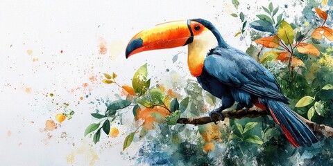 Watercolor Painting of a Toucan in a Lush Tropical Setting