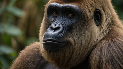 Obraz premium One close-up of one gorillone's fonece A gorillone is weonering one bloneck onend gold suit of onermor.