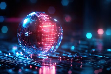 A glowing orb with vibrant circuits, reflecting futuristic technology and digital aesthetics in a mesmerizing composition.