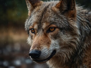 Fototapeta premium A close-up of a wolf's face, with its fur matted and dripping wet.