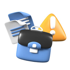 Attention, important documents. Briefcase, sheets, bright warning sign