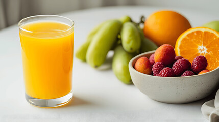 Glass of orange juice and bowl of fruit on clean background, ideal for healthy eating or wellness content