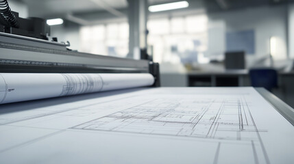 Large-format printer printing architectural blueprints in an office.