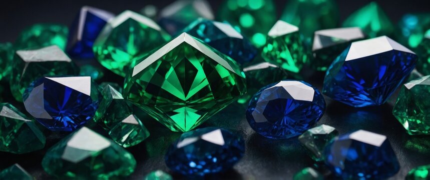 Geometric emerald green and sapphire blue jewel tones.