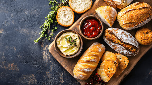 Rustic wooden board with artisan breads and spreads on textured background, space for branding or message