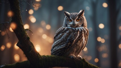Majestic Owl Perched in Enchanting Moonlit Forest Landscape.