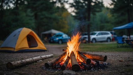 The gentle blur of a campfire and tents creating a tranquil scene at a campsite.