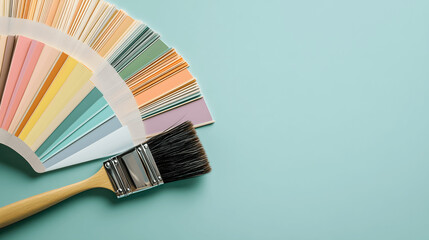 Paint swatches and brush on clean background with copy space for home decor or creativity