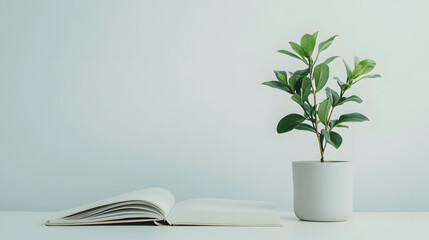 Small plant in pot and open notebook on blank background with copy space for sustainability