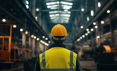 Worker in a yellow vest and hard hat surveying an industrial warehouse.