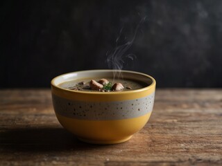 Mushroom soup in a yellow bowl on a low key.