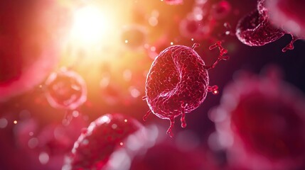 A close-up view of vibrant red cells illuminated by soft light, showcasing intricate details of microscopic structures.