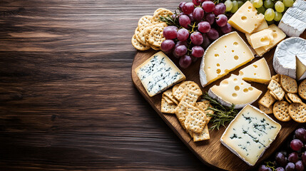Cheese platter with grapes and crackers on wooden board, top view with copy space for wine pairing