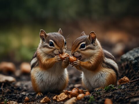 Two chipmunks eating nuts from a tiny pot.