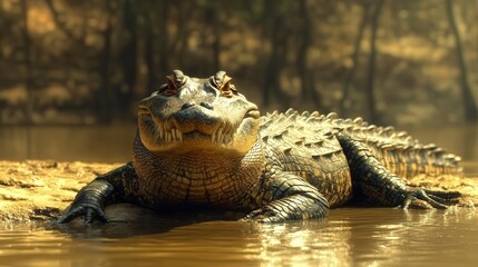 Fototapeta premium 4K Realistic Gharial crocodile basking on riverbank, needle-like snout prominent,
