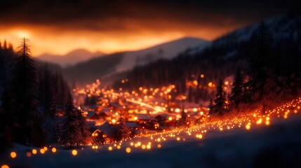 A serene winter night illuminated by glowing lights, showcasing a picturesque valley surrounded by mountains at sunset.
