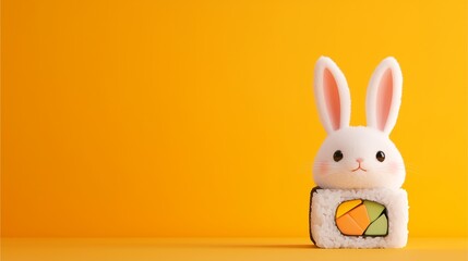 Obraz premium Sushi Rolls in the form of Cute Animals: White rabbit figurine with sushi roll on a vibrant orange background.