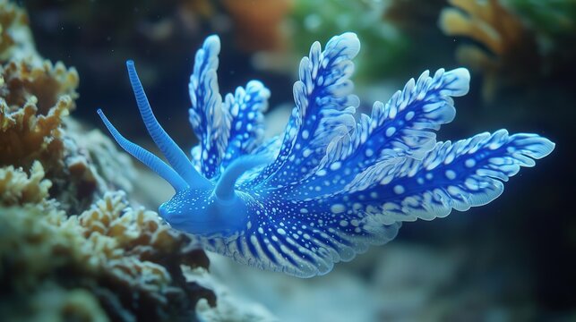 4K Realistic Glaucus atlanticus sea slug floating on ocean surface, vivid blue,