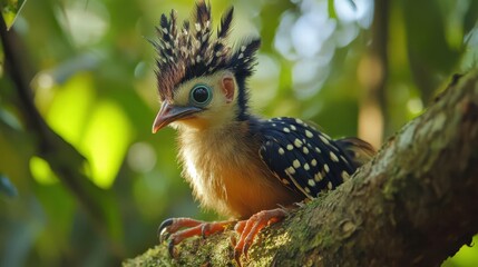Fototapeta premium 4K Realistic Hoatzin chick using wing claws to climb, Amazon rainforest,