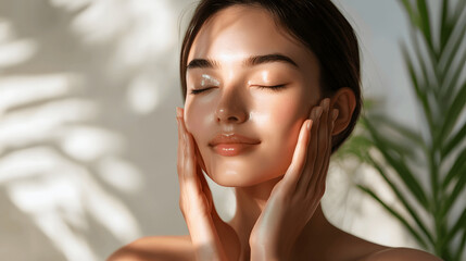 Asian woman in relaxed pose enjoying skincare routine, glowing complexion, neutral background