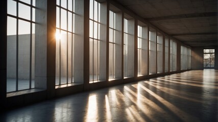 Sunlight streams through a series of vertical windows in a modern concrete hallway, casting long, diagonal shadows on the floor.