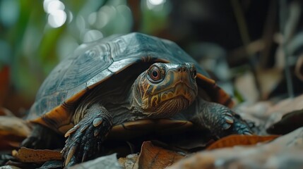 Obraz premium 4K Realistic Mata mata turtle ambushing fish, camouflaged in leaf litter,