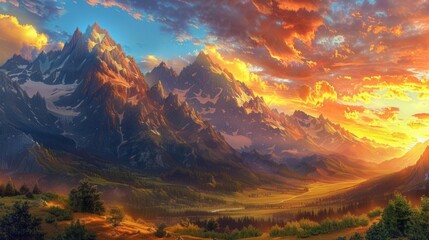 Golden mountain sunset, fiery sky, rugged peaks, serene atmosphere, expansive and dramatic view
