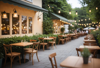 Fototapeta premium Softly Blurred Outdoor Café with Cozy Patio and String Lights for a Serene Background