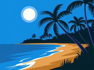 A captivating cinematic landscape illustration featuring a serene tropical beach scene under the moonlight