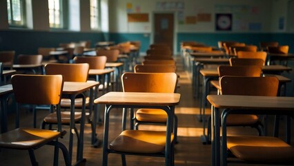 Empty Classroom. Back to school concept in high school. Classroom Interior Vintage Wooden Lecture Wooden Chairs and Desks.