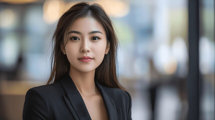 Fototapeta premium Confident Asian businesswoman with poised expression, against blurred office background