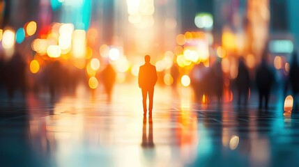 A solitary figure stands in a vibrant, blurred urban setting, illuminated by colorful lights, creating a captivating atmosphere.