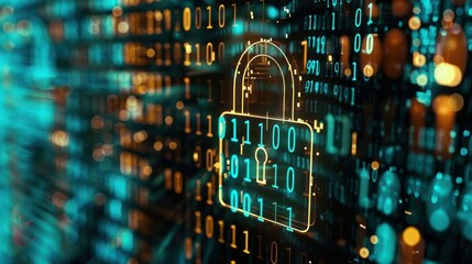 Cyber security concept with a digital lock and binary code overlay. 