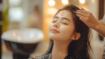 Elegant Asian woman receiving hair treatment in beauty salon, with blurred background