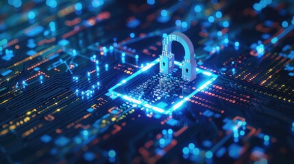 Cyber security concept with a digital lock and binary code overlay. 