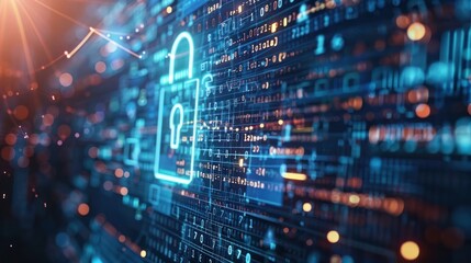 Cyber security concept with a digital lock and binary code overlay. 