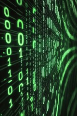 Binary digits flowing on a green-tinted dark background, tech-inspired, subtle glow, side angle, digital cyber art