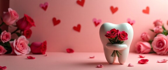 Fototapeta premium Romantic Tooth with Red Roses Symbolizing Valentine's Day Dental Care against Pink Heart Background with Copy Space