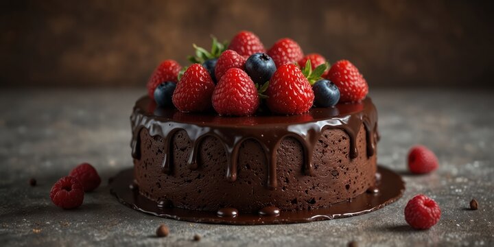 A delicious chocolate cake with fresh raspberries and strawberries.