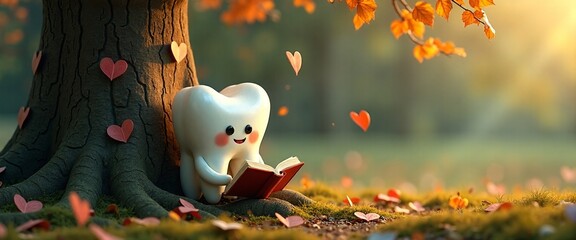 Smiling tooth character reading book with love hearts against autumn forest background
